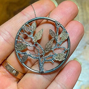 Family Tree Sterling Silver 14 K Gold Round Circle Leaves Necklace NWT